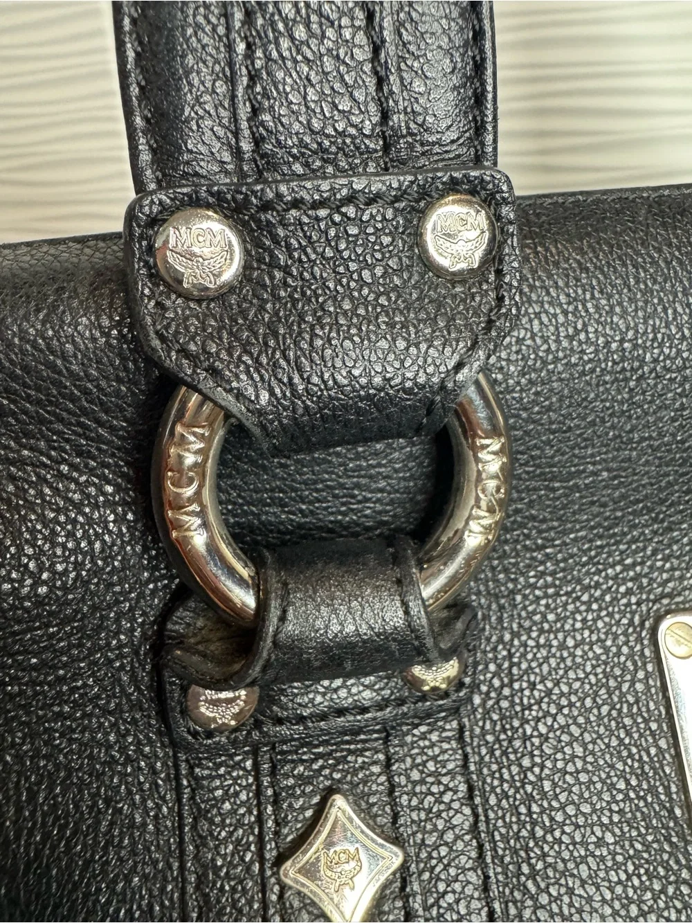 MCM Black Pebbled Leather Double-Handle Satchel with Silver Hardware